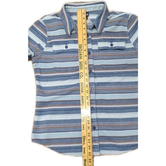 PATAGONIA Womens Fjord Flannel Shirt Blue Brown White Stripe Organic Cotton sz M - Picture 11 of 12